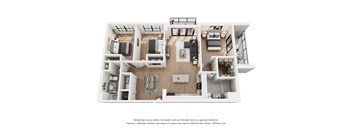 A 3D floor plan of a house with a kitchen, living room, and two bedrooms.