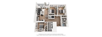 A 3D floor plan of a house with a kitchen, living room, and two bedrooms.