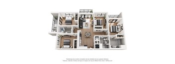 A 3D floor plan of a house with a kitchen, living room, and bedrooms.