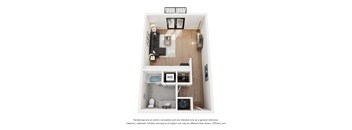 A 3D floor plan of a small apartment with a kitchen, living room, and bathroom.