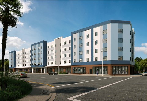 a rendering of an apartment building on a city street