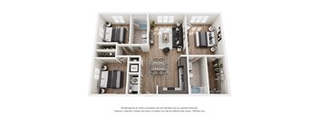 A 3D floor plan of a house with multiple rooms and furniture.