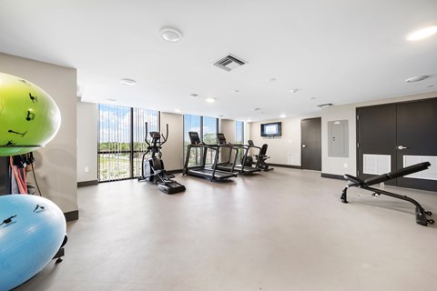 A gym with a variety of equipment including a treadmill, a stationary bike, and a rowing machine.
