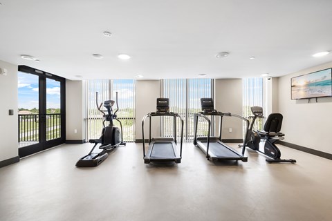A spacious room with a row of treadmills and elliptical machines.