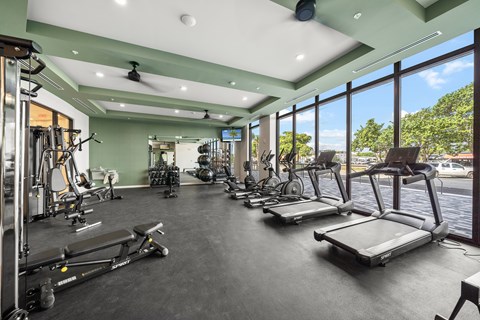 A gym with treadmills, weights, and exercise equipment.