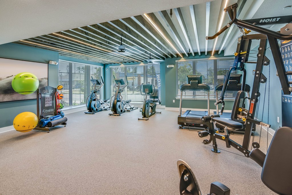 A gym with a variety of equipment including a treadmill, weights, and a bench press.