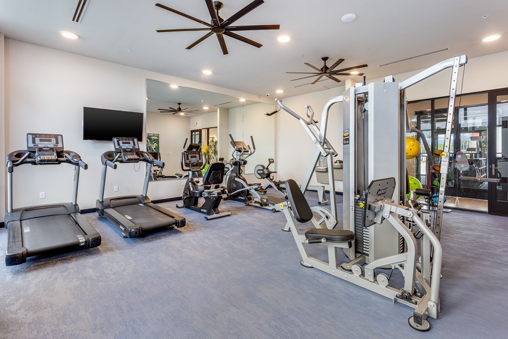 A gym with treadmills, elliptical machines, and other exercise equipment.