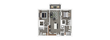 A top-down view of a house layout with a kitchen, living room, dining room, and bedrooms.