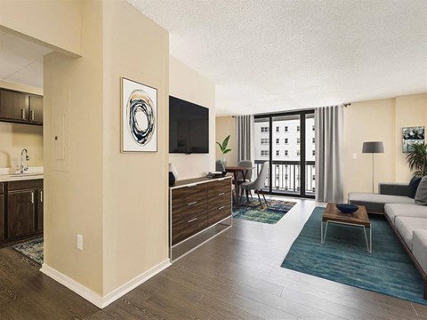 a living room with a couch and a table