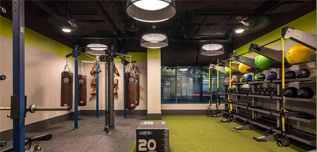 a workout room with green carpet and a row of punching bags on the wall  at Shearwood Station, New York, 10801