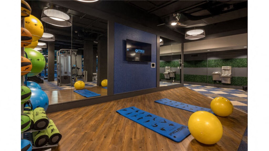 a view of the fitness center with yoga mats and exercise balls a view of the fitness center with yoga mats and exercise balls at Shearwood Station, New Rochelle, NY