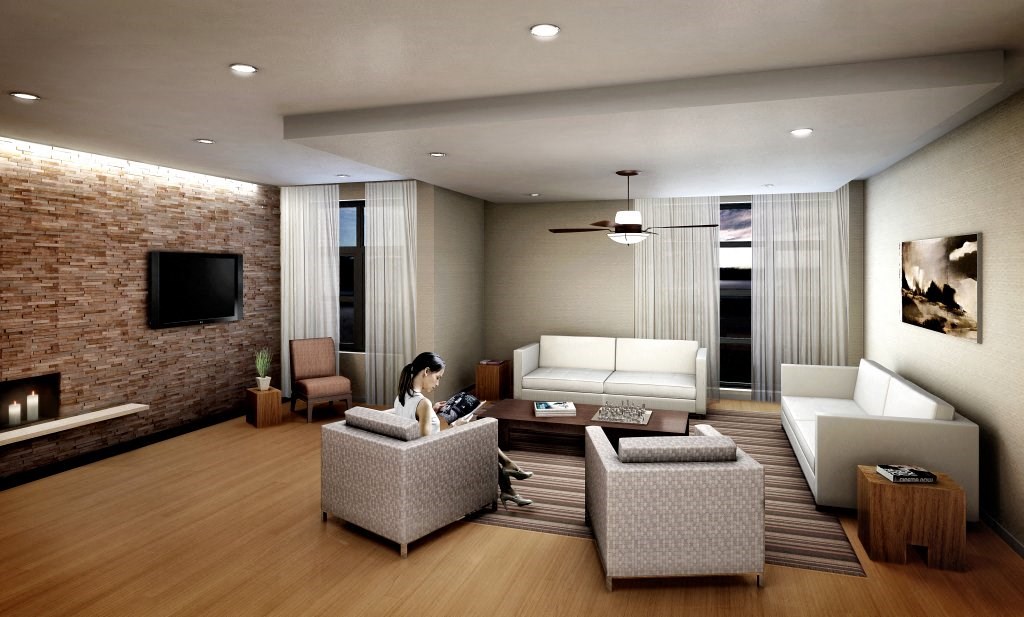 a living room filled with furniture and a fireplace  at The Sheffield Englewood, Englewood, 07631