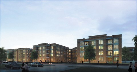 a rendering of a five story building with many windows and a parking lot in front of it  at The Sheffield Englewood, Englewood, NJ