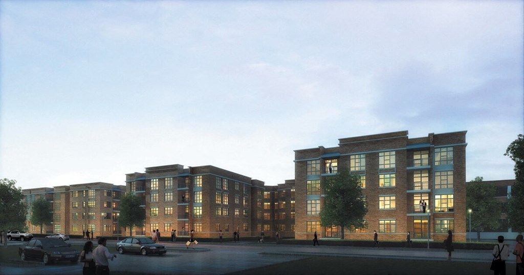 a rendering of a five story building with many windows and a parking lot in front of it a rendering of a five story building with many windows and a parking lot in front of it at The Sheffield Englewood, Englewood, NJ