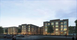 a rendering of a five story building with many windows and a parking lot in front of it  at The Sheffield Englewood, Englewood, NJ