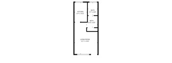 A floor plan of a small apartment with a kitchen, two bathrooms, and a living room.
