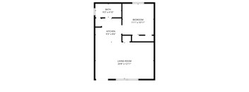 A floor plan of a house with a living room, bedroom, kitchen and bathroom.