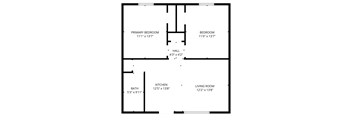 A floor plan of a house with a primary bedroom, a bedroom, a bath, a kitchen, and a living room.