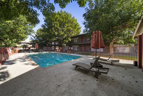 A pool surrounded by trees and chairs.
