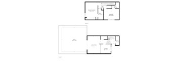 A floor plan of a two-story house with a living room, kitchen, and two bedrooms.