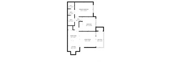 A floor plan of a house with a living room, dining area, kitchen, two bathrooms, a primary bedroom, a bedroom, and a balcony.