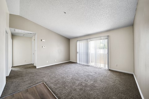 A large empty room with a carpeted floor and a window with blinds.