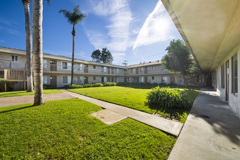 A sunny day at the apartment complex with a clear blue sky.