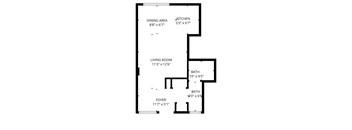 A floor plan of a house with a dining area, kitchen, living room, and two bathrooms.