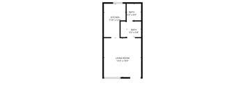 A floor plan of a small apartment with a kitchen, two bathrooms, and a living room.