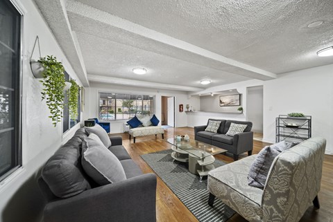 A living room with grey couches and a coffee table.