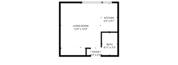 A floor plan of a living space with a kitchen, living room, bath, and foyer.