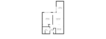 A floor plan of a house with a kitchen, living room, dining area, bath, and bedroom.