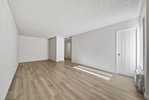 A room with light wood flooring and white walls.
