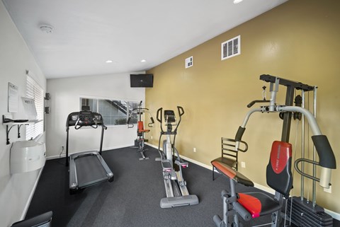 A gym with a treadmill, weights, and other exercise equipment.