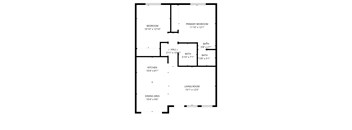 A floor plan of a house with a living room, dining area, kitchen, two bathrooms, and two bedrooms.