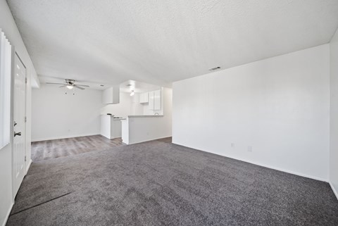 A spacious room with a ceiling fan and carpeted floor.