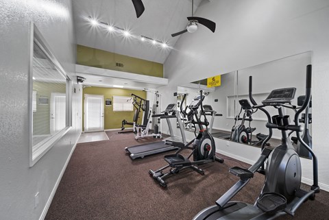 A gym with a variety of exercise equipment including treadmills, stationary bikes, and weight machines.