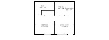 A floor plan of a room with a bath, kitchen, dining area, bedroom, and living room.