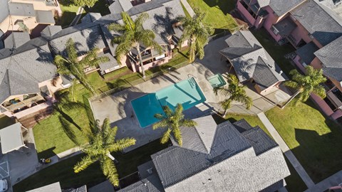 A bird's eye view of a neighborhood with a pool and palm trees.