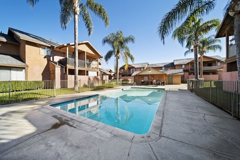 A swimming pool surrounded by palm trees and apartment buildings.