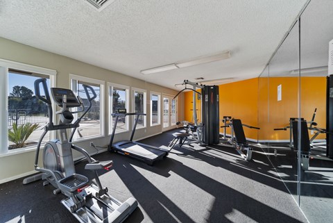 A gym with a row of treadmills and exercise bikes.