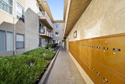 A long hallway with a row of lockers on the right.