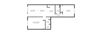 A floor plan of a house with a living room, dining area, kitchen, two bathrooms, a hall, a primary bedroom, and a bedroom.