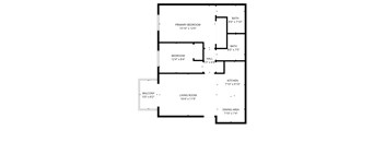 A floor plan of a house with a living room, dining area, kitchen, two bedrooms, a bathroom and a balcony.