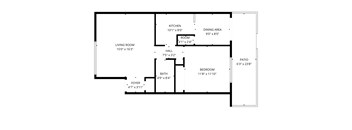 A floor plan of a house with a living room, dining area, kitchen, bath, foyer, hall, and bedroom.