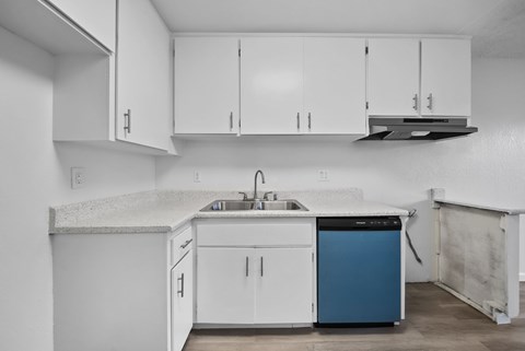 A kitchen with white cabinets and a blue dishwasher.