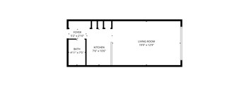 A floor plan of a small apartment with a living room, kitchen, bath, and foyer.