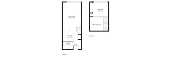 A floor plan of a two-story apartment with a living room, kitchen, bathroom and bedroom.