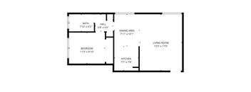A floor plan of a house with a living room, dining area, kitchen, bedroom and bathroom.