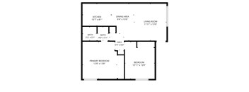 A floor plan of a house with a living room, dining area, kitchen, and three bedrooms.